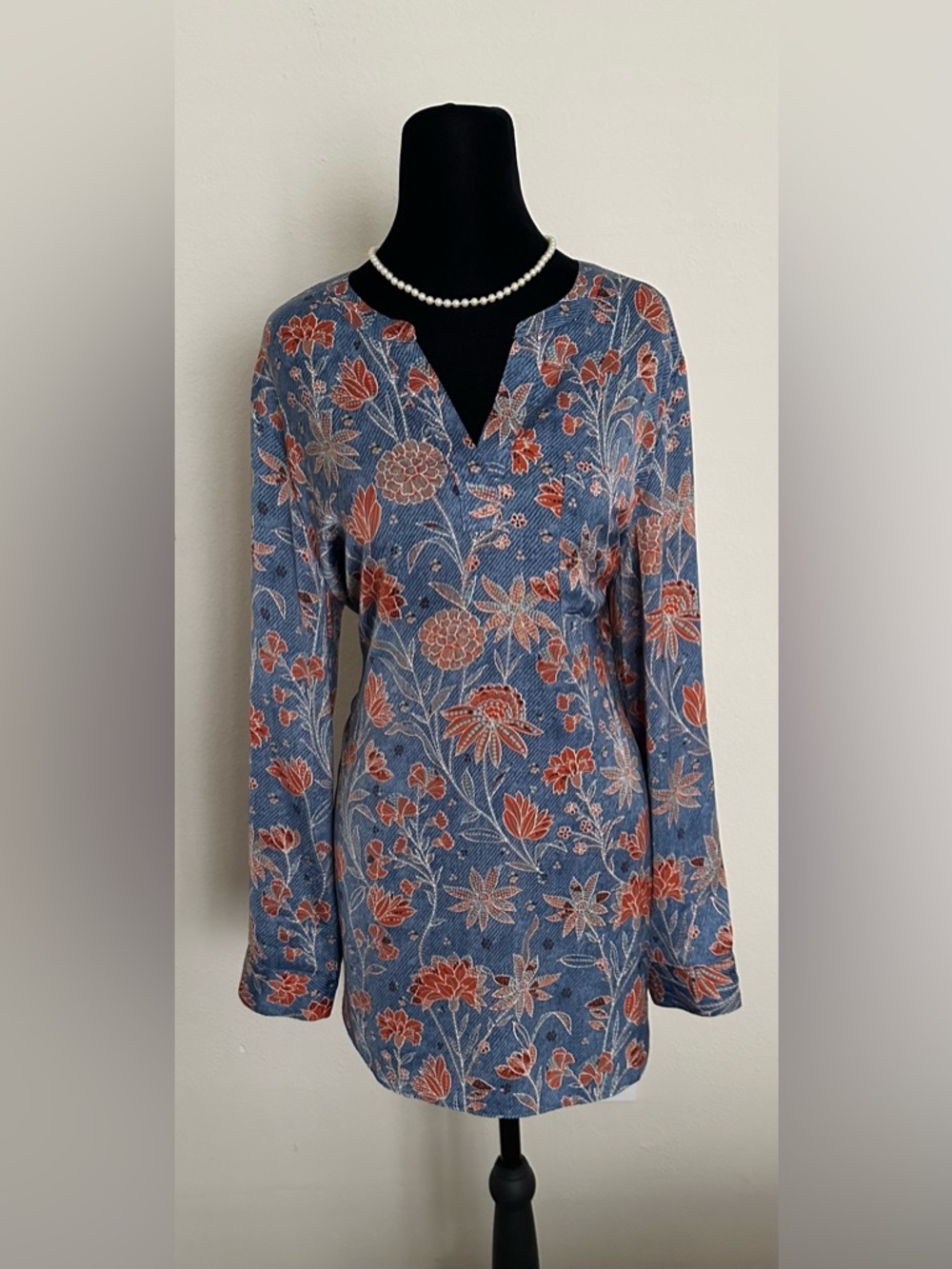Chico's Blue Floral V-Neck Tunic with Rust Accents